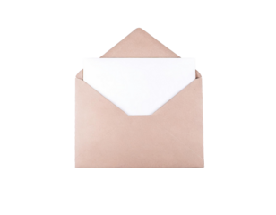 A pink envelope with a white card inside, against a white background.