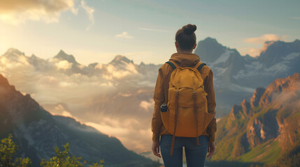 A woman hiker stands triumphantly atop a majestic mountain, surrounded by breathtaking nature