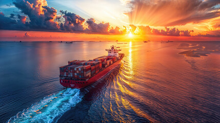 Cargo ship full of containers navigating through calm waters at a stunning sunrise - obrazy, fototapety, plakaty