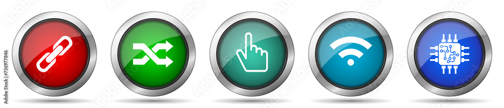 Poster Web and internet icon set, miscellaneous icons such as chain, arrows, finger, signal and chip, silver metallic, colorful glossy web buttons collection