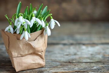 Snowdrops  Delicate flowers on wooden background. - obrazy, fototapety, plakaty
