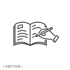 write diary or journal icon, author book, story writing book, pen in journalist hand, thin line symbol isolated on white background, editable stroke eps 10 vector illustration