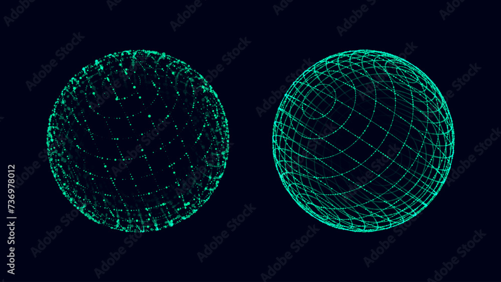 Poster Abstract Green 3D Sphere with Connecting Dots and Lines. Big Data Visualization. Hi-Tech Orb HUD Design Element. Global Network Connection. Science and Technology Vector Illustration.