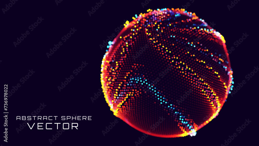 Poster 3D Sphere Dots. Global Digital Connections. Abstract 3D Spiral Grid Design. Sci-Fi Technology Science Style Vector Object. Futuristic 3D Sphere HUD Element.