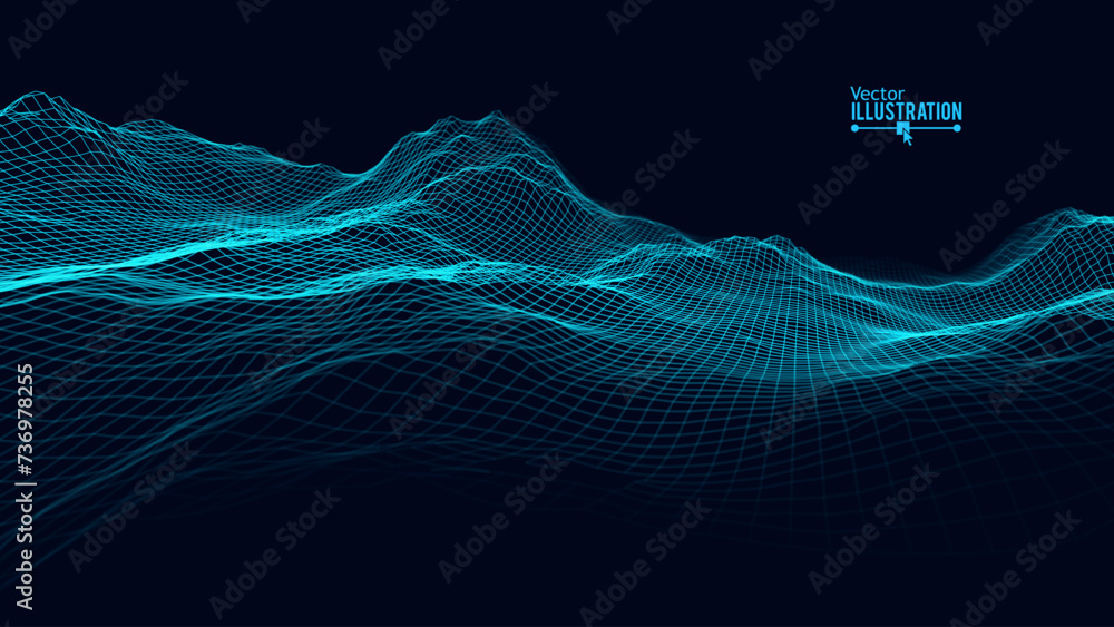Poster Blue Wireframe Landscape Wire with Depth of Field Effect. 3D Topographic Map Background Concept. Geography Concept. Tech Wavy Backdrop. Space Game Surface HUD Design Element.