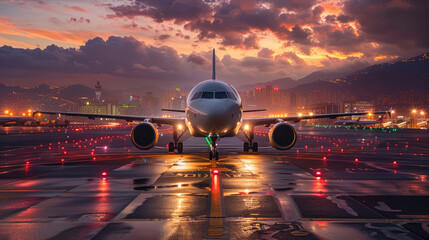A commercial airliner stands ready on the tarmac, its lights reflecting on the wet ground against a dramatic twilight sky. - obrazy, fototapety, plakaty