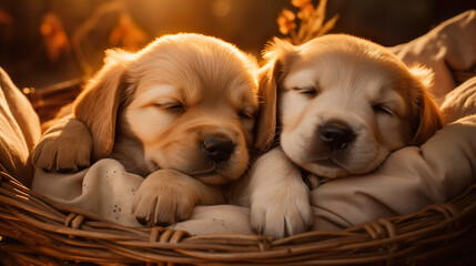 Cute puppies cuddling in a small basket - soft fur of small cute dogs | Generative AI