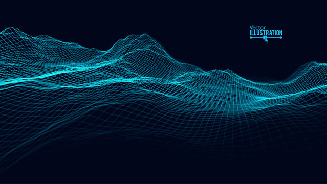 Blue Wireframe Landscape Wire with Depth of Field Effect. 3D Topographic Map Background Concept. Geography Concept. Tech Wavy Backdrop. Space Game Surface HUD Design Element.