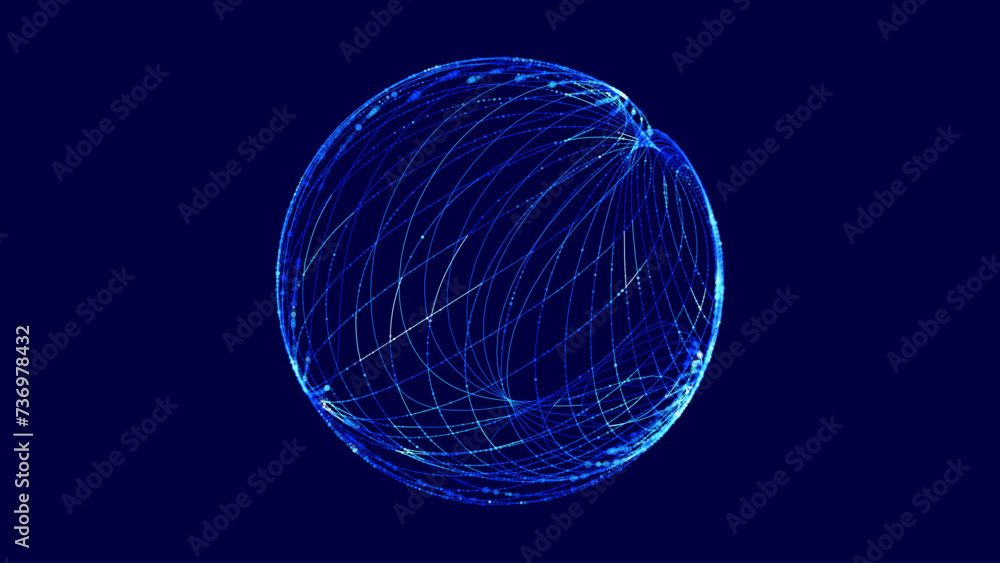 Poster Abstract 3D Sphere of Neon Dots and Stripes. Hi-Tech Orb HUD Design Element. Global Network Connection. Abstract Globe Grid. Science and Technology Vector Illustration.