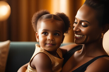 Black mother and daughter hug each other in close-up. The concept of Mother's Day