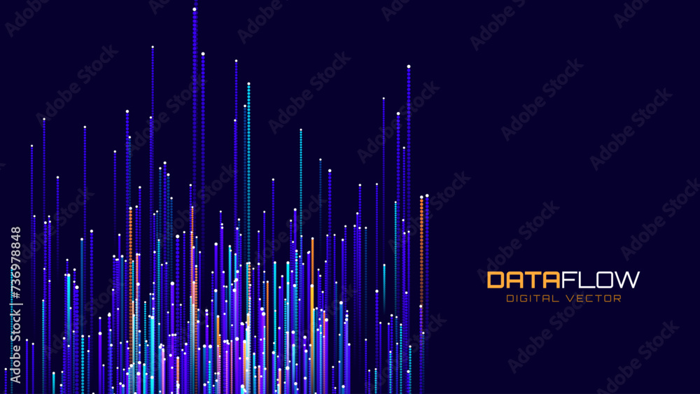 Poster Digital Data Flow Vector Background. Big Data Technology Lines. 5G Wireless Data Transmission. High Speed of Light Trails. Information Flow in Virtual Reality Cyberspace. Vector Illustration.