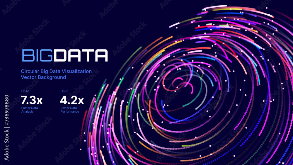 Aufkleber Big Data Visualization. Circular Particles Dots Vortex Abstract Galaxy. Futuristic Science or Finance Infographic Design. Complex Visual Data Background. Abstract Data Flowing. Vector Illustration.