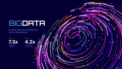 Big Data Visualization. Circular Particles Dots Vortex Abstract Galaxy. Futuristic Science or Finance Infographic Design. Complex Visual Data Background. Abstract Data Flowing. Vector Illustration.