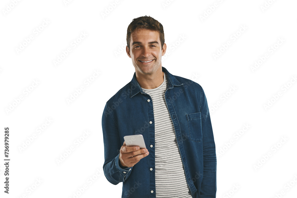 Poster Man, tech and phone for portrait, isolated and png background with cellphone in hand. Male model, outfit and denim jacket with smile, mobile and confident in smartphone for update and text message