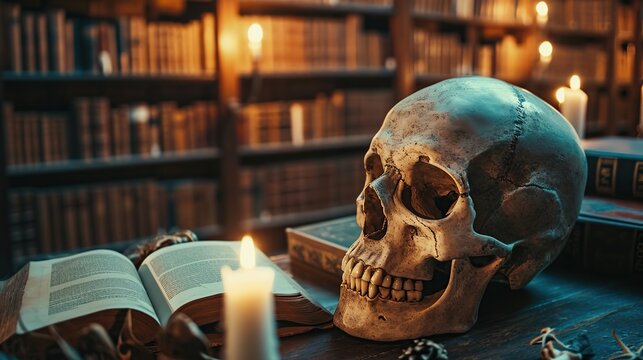 Skull on a candle-lit baroque library background, invoking mystery and historical study, perfect for thematic backdrops and editorial uses, with copy space.