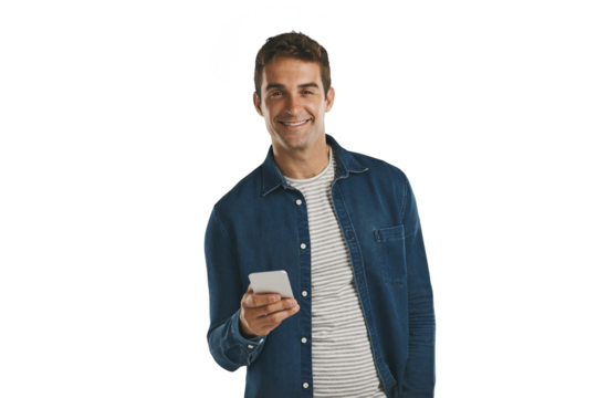 Man, tech and phone for portrait, isolated and png background with cellphone in hand. Male model, outfit and denim jacket with smile, mobile and confident in smartphone for update and text message