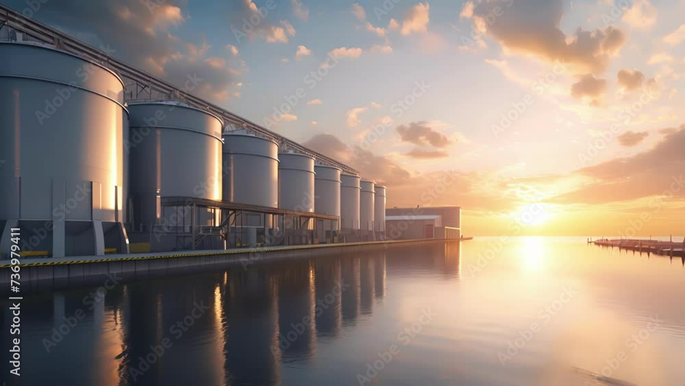 Poster mive storage bins lined up along the docks each one holding a specific type of grain with labels ind