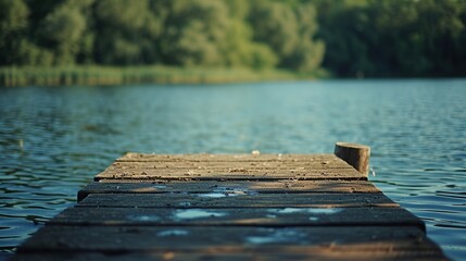 Wooden pier extending into a calm lake, evoking tranquility and solitude, ideal for reflective...
