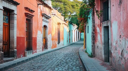 Fototapeta premium A quaint, colorful Mexican village street, evoking a sense of history and culture, perfect for travel and location-based designs, with ample space for text.