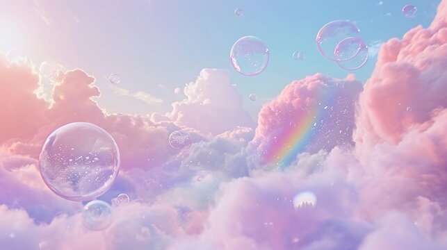 A whimsical sky filled with bubbles and a pastel rainbow, symbolizing joy and creativity, perfect for backgrounds and imaginative concepts, with space for text.