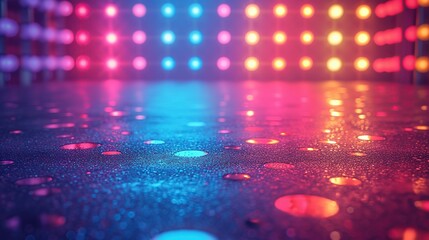 A dance floor glistens with neon lights, a vibrant scene capturing the energy of nightlife and celebration, ideal for entertainment and party backgrounds or designs that convey movement and rhythm