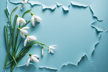 Spring greeting card with torn paper and Snowdrops flowers - obrazy, fototapety, plakaty