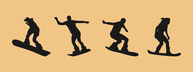 Set silhouettes of sandboarding. Sport, extreme, hobby, desert. Different pose, action. Vector illustration.