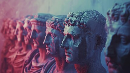 A line of classical busts is enveloped in a surreal, ethereal blue and red light, presenting a philosophical, historical concept, ideal for cultural, educational, or artistic applications. - obrazy, fototapety, plakaty