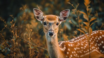 A delicate fawn peeks through autumn foliage, a touching wildlife portrait that evokes a sense of wonder and nature, suitable for educational or environmental use with a focused, clear subject.