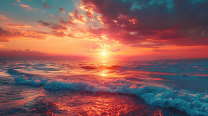 Captivating ocean sunset with vibrant clouds and the sun reflecting on the water's surface. - obrazy, fototapety, plakaty