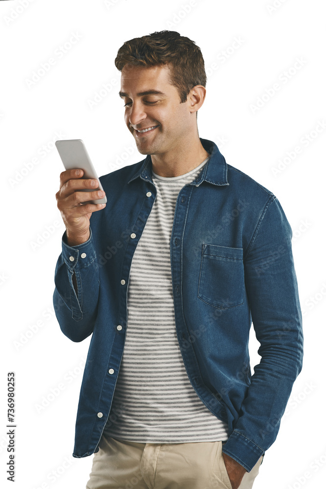 Poster smile, typing and man with phone for social media, internet and communication isolated on a transpar
