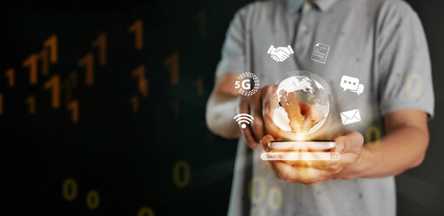Global internet connection concept. Internet usage worldwide in everyday life. A man hand holds virtual globe with internet icons linked or connected to the business and technology world.