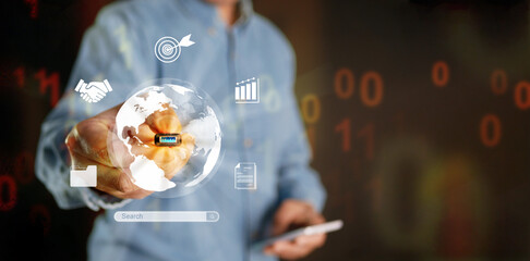 Global internet connection. Online digital data usage and sharing worldwide. Hand holds thumb drive with internet icons linked or connected to global electronics datum in business and technology.