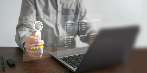 Online certification evaluation concept. A man takes assessment for digital certificate, questionnaire, survey, or examination. Multiple choices form for answering the test or quiz questions