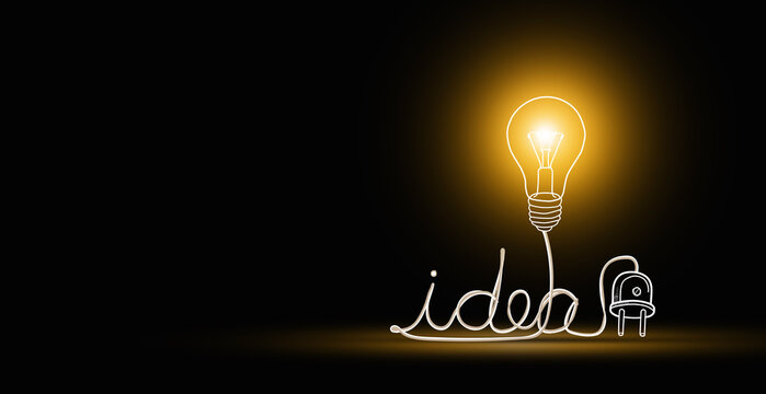 Idea concept. Lightblub is on as a symbol of innovation, inspiration, solution, and creativity. Copy space  for creative idea, brainstorming, thinking. Illuminated light bulb art with wire and plug