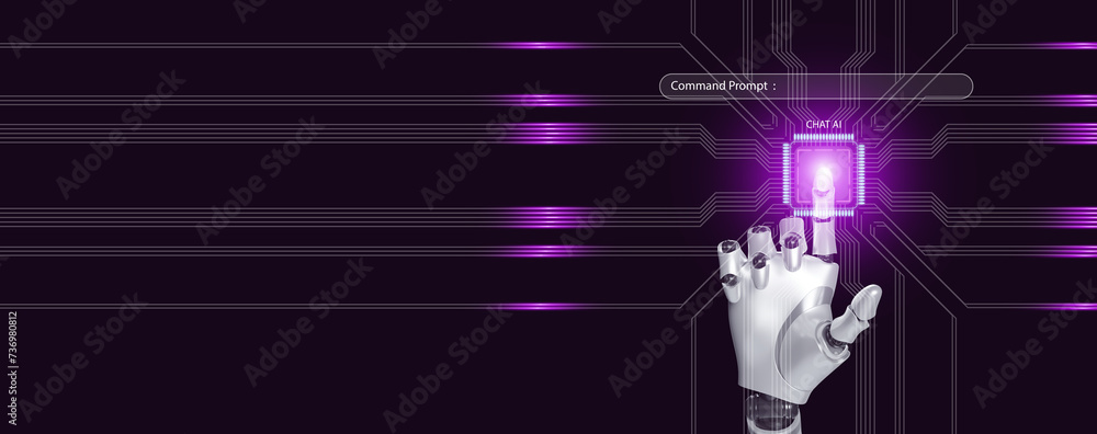 Poster robotic hand activates the chip, cpu, for chat with ai through a command prompt bar with electronic 