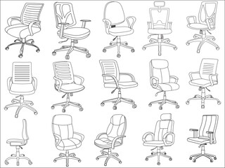 Stylish modern office chair, assorted set of black leather office chairs, Vector minimal office chairs angle view isolated on white background.