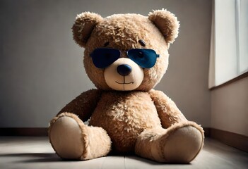 teddy bear on the floor wearing sunglasses showing happy mood, states of mind