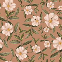 original floral seamless pattern, leaves and flowers on a white background, beautiful wrapping paper, designer fabric, print for textiles	, wedding, holiday