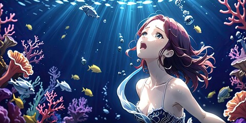 Obraz na płótnie Canvas Female singer singing underwater with passionate performance. Mermaid singing. Anime art style