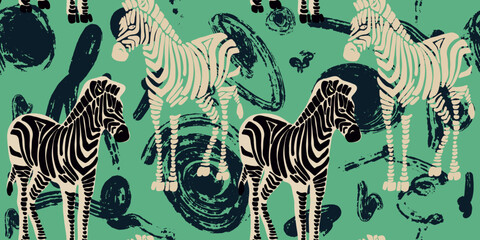 Fototapeta na wymiar A painting of zebras. Hand drawn abstract seamless pattern. Creative collage 