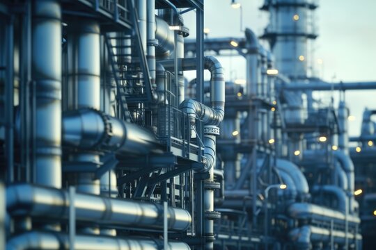 Pipeline and pipe rack of petroleum, chemical, hydrogen or ammonia industrial plant. Industrial zone Close up.