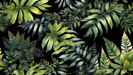 Fototapeta premium Top view of green watercolor tropical leaves background