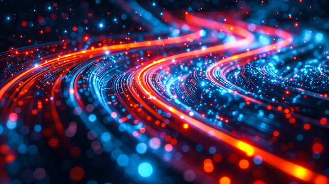 Abstract high-speed technology concept with flowing digital data and light trails on dark background, representing connectivity and information flow