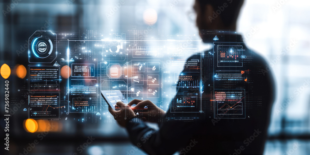 Poster focused professional completing tasks on a high-tech virtual checklist interface with transparent di