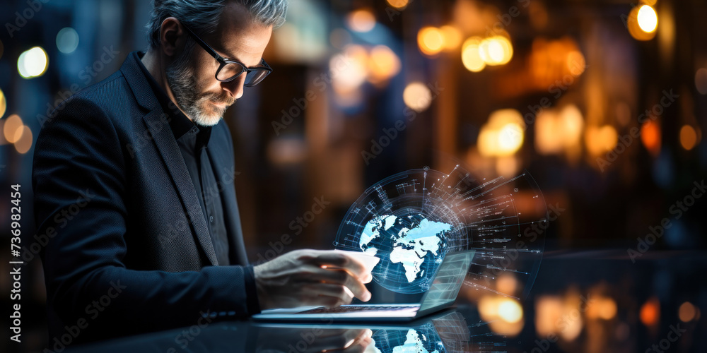 Poster tech expert engaging with ai global analytics on a digital device, showcasing artificial intelligenc