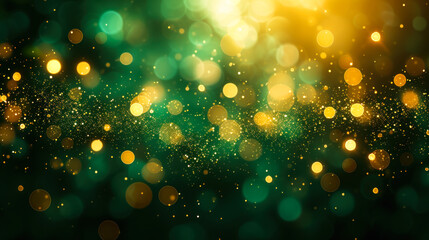 Enchanting Golden Bokeh Lights on a Dark Emerald Green Background, Abstract Festive Sparkle for Holiday, Celebration, or Elegant Event Backdrop