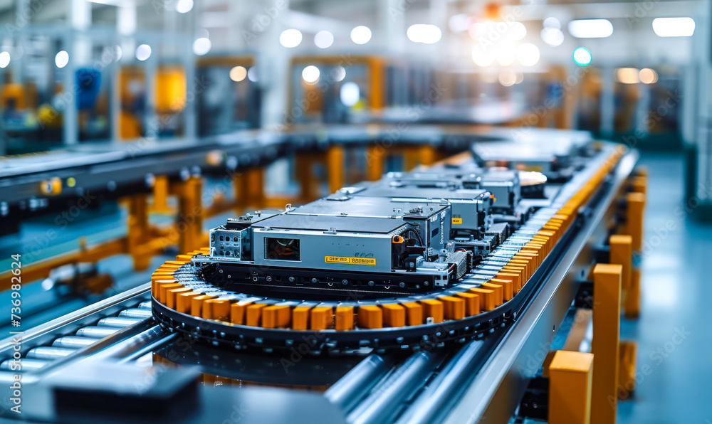 Poster modern automated production line in a factory with robotics and conveyor belt technology manufacturi
