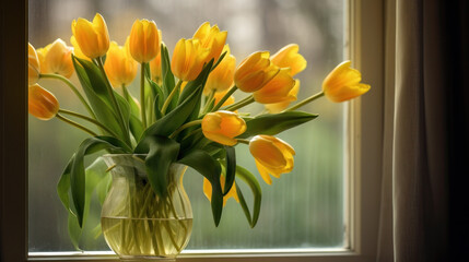 Vase Filled With Yellow Flowers on Window Sill