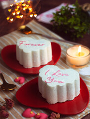 A heart shape ice-cream cake for lovers  wrote in text 
